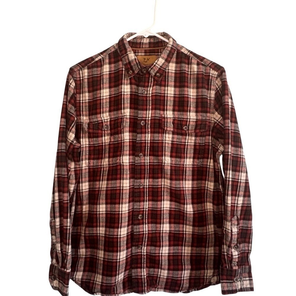Outdoor Life Mens Flannel Shirt Medium Burgundy Plaid Button Down Long Sleeve